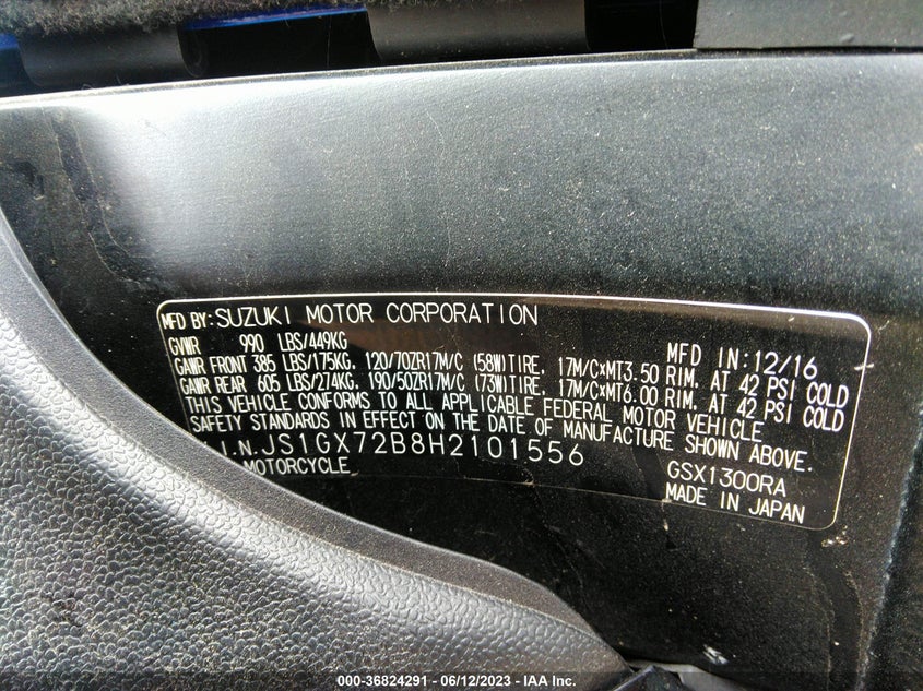 VIN JS1GX72B8H2101556 2017 SUZUKI GSX1300 RA