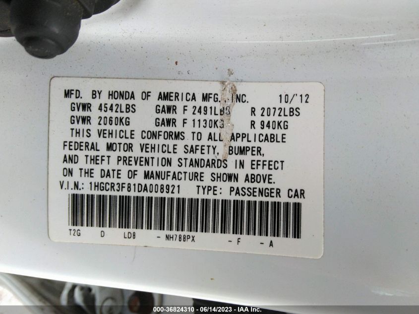 2013 HONDA ACCORD SDN EX-L - 1HGCR3F81DA008921