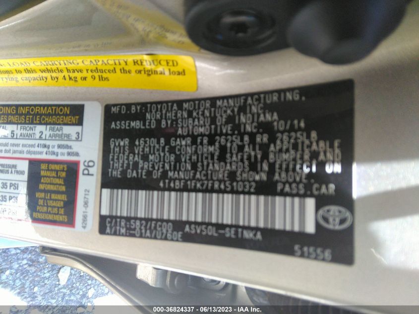 2015 TOYOTA CAMRY XLE/SE/LE/XSE - 4T4BF1FK7FR451032