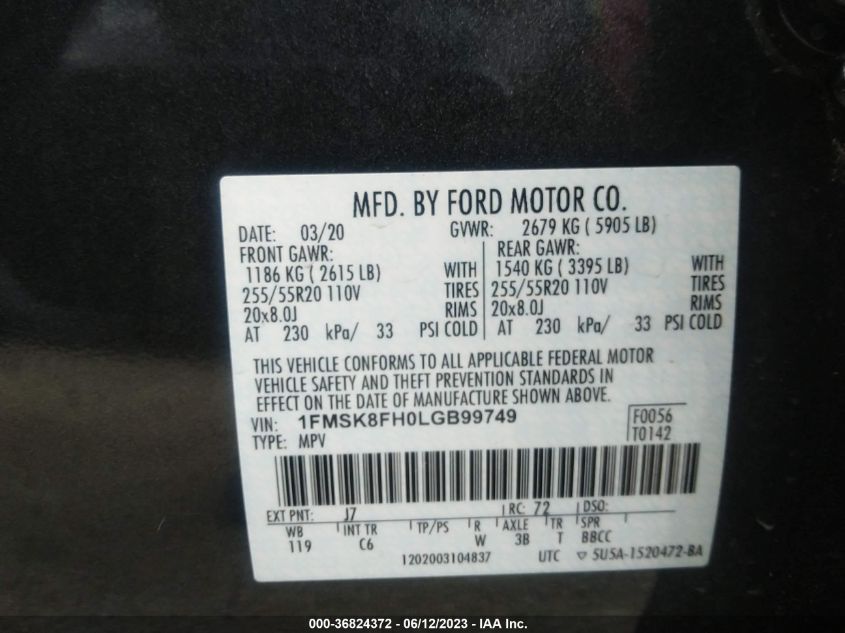 2020 FORD EXPLORER LIMITED - 1FMSK8FH0LGB99749