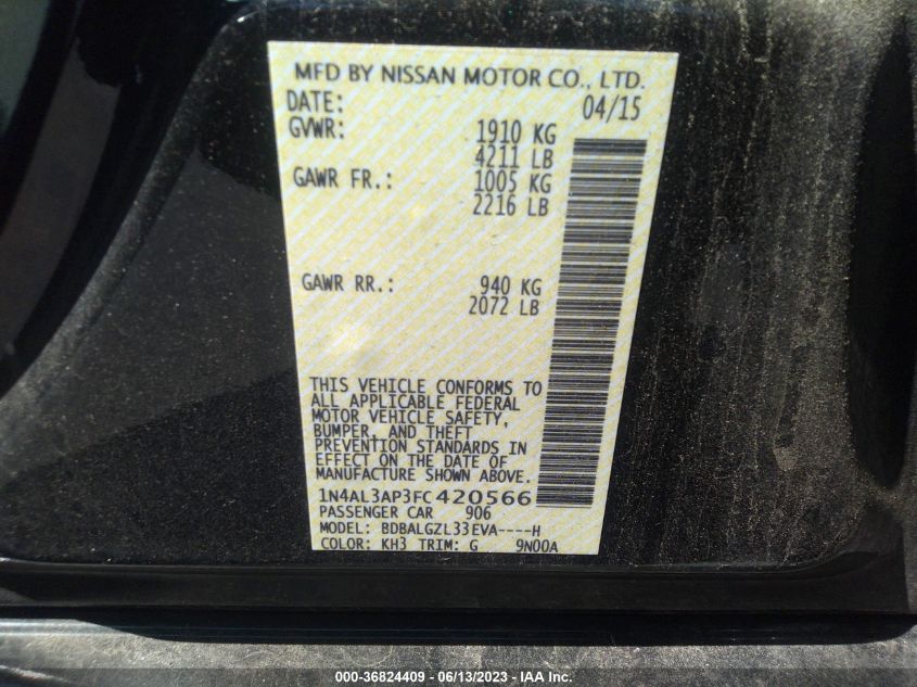 2015 NISSAN ALTIMA 2.5 S - 1N4AL3AP3FC420566