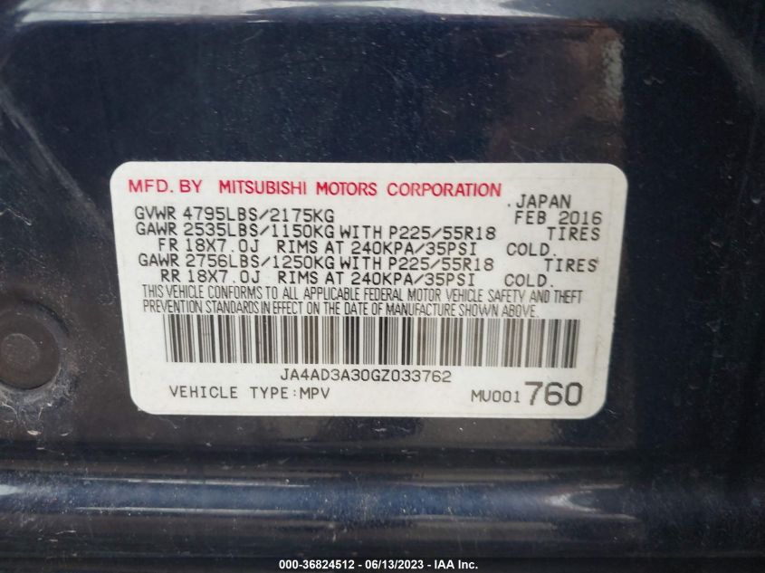 2016 MITSUBISHI OUTLANDER SE/SEL - JA4AD3A30GZ033762