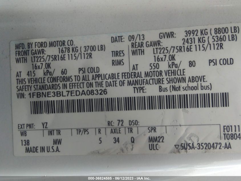 2014 FORD ECONOLINE WAGON XL/XLT 1FBNE3BL7EDA08326