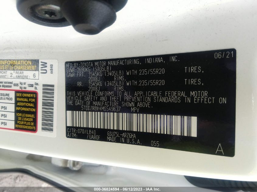 2021 TOYOTA HIGHLANDER LIMITED/PLATINUM - 5TDDZRBH4MS549637