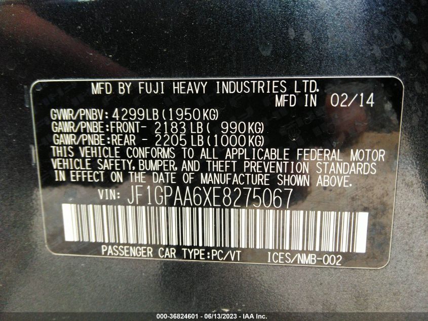 2014 SUBARU IMPREZA 2.0I - JF1GPAA6XE8275067