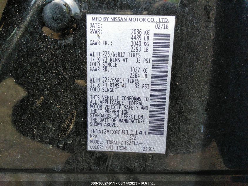 2016 NISSAN ROGUE S/SL/SV - 5N1AT2MTXGC811143