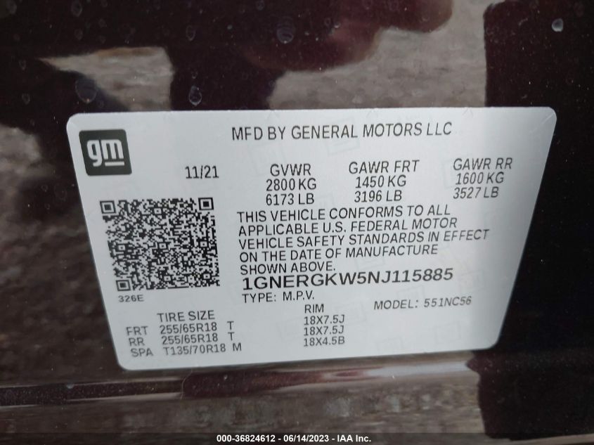 2022 CHEVROLET TRAVERSE LT CLOTH - 1GNERGKW5NJ115885