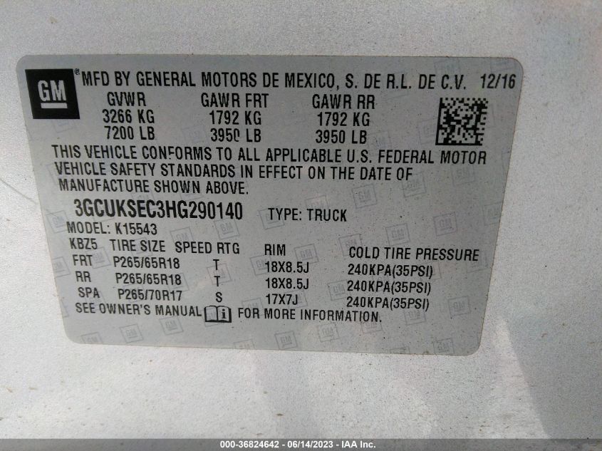 2017 CHEVROLET SILVERADO 1500 LTZ - 3GCUKSEC3HG290140