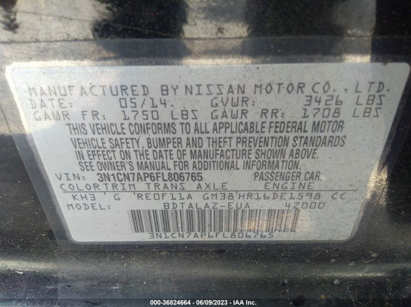 2015 NISSAN VERSA S PLUS - 3N1CN7AP6FL806765