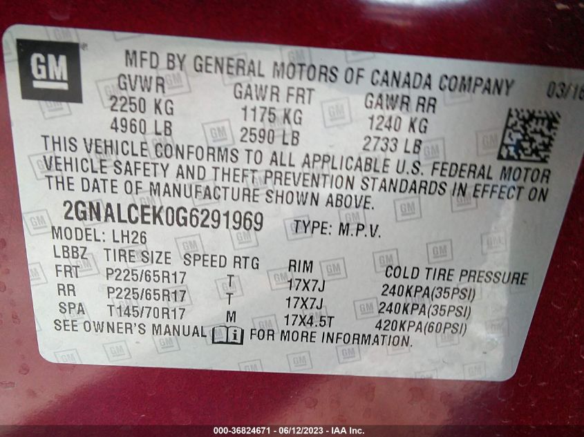 2016 CHEVROLET EQUINOX LT - 2GNALCEK0G6291969