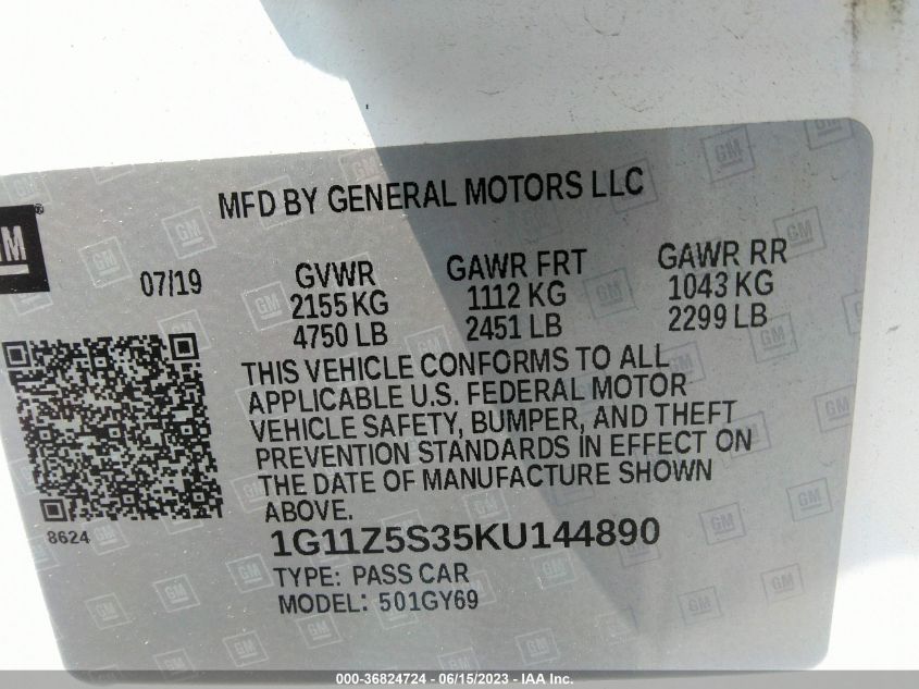 2019 CHEVROLET IMPALA LT - 1G11Z5S35KU144890