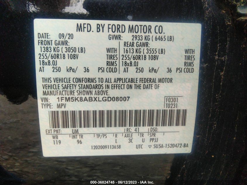2020 FORD POLICE INTERCEPTOR 1FM5K8ABXLGD08007
