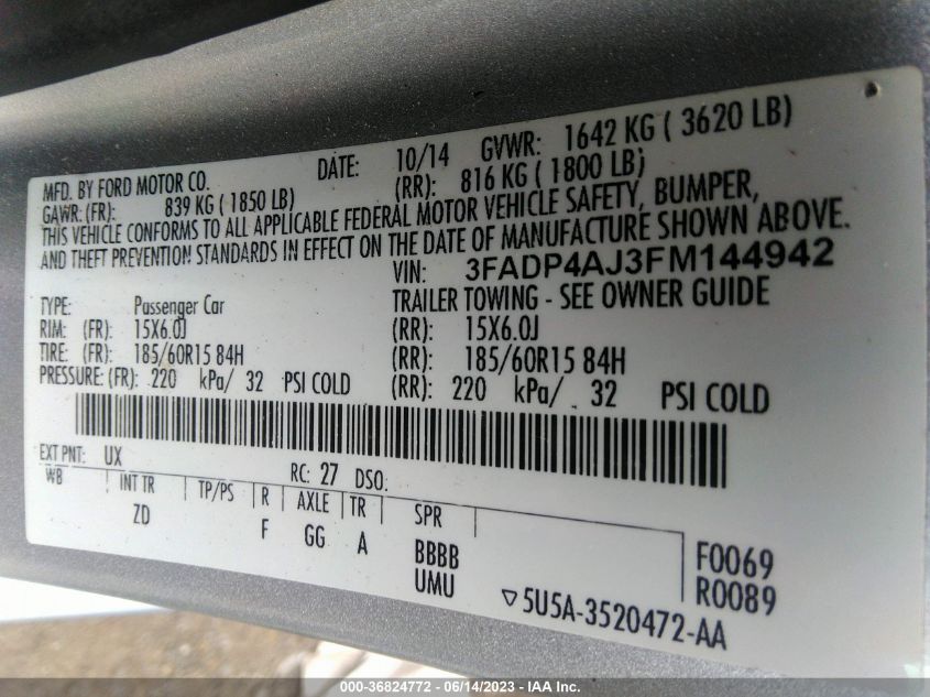 2015 FORD FIESTA S - 3FADP4AJ3FM144942