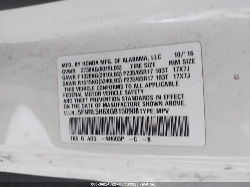 2016 HONDA ODYSSEY EXL - 5FNRL5H6XGB150908