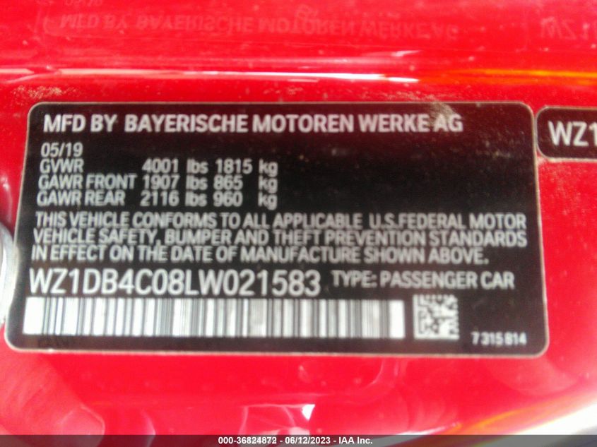2020 TOYOTA GR SUPRA 3.0 WZ1DB4C08LW021583