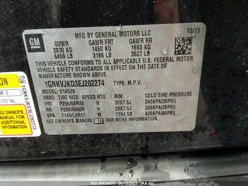 2014 CHEVROLET TRAVERSE LTZ - 1GNKVJKD3EJ202274