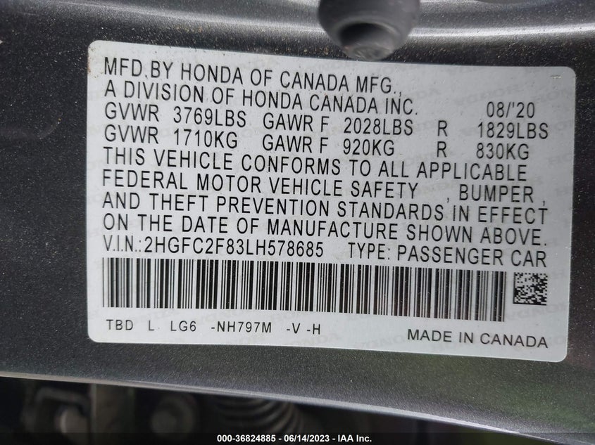 VIN 2HGFC2F83LH578685 2020 HONDA CIVIC SEDAN SPORT