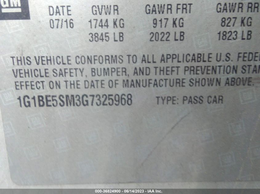 2016 CHEVROLET CRUZE LT - 1G1BE5SM3G7325968
