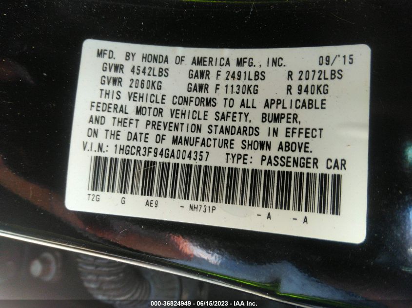 2016 HONDA ACCORD SEDAN TOURING - 1HGCR3F94GA004357