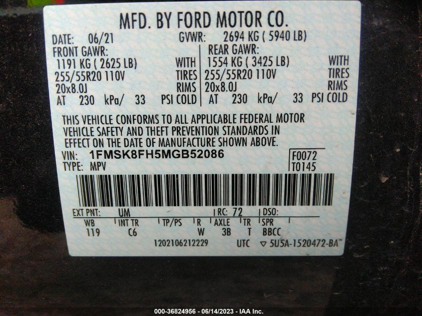 2021 FORD EXPLORER LIMITED - 1FMSK8FH5MGB52086