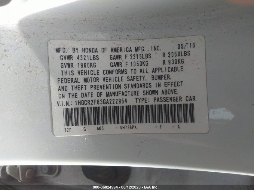 2016 HONDA ACCORD SEDAN EX-L - 1HGCR2F83GA222954