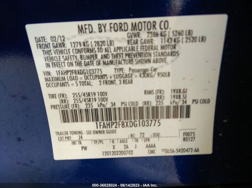 2013 FORD TAURUS LIMITED - 1FAHP2F8XDG103775