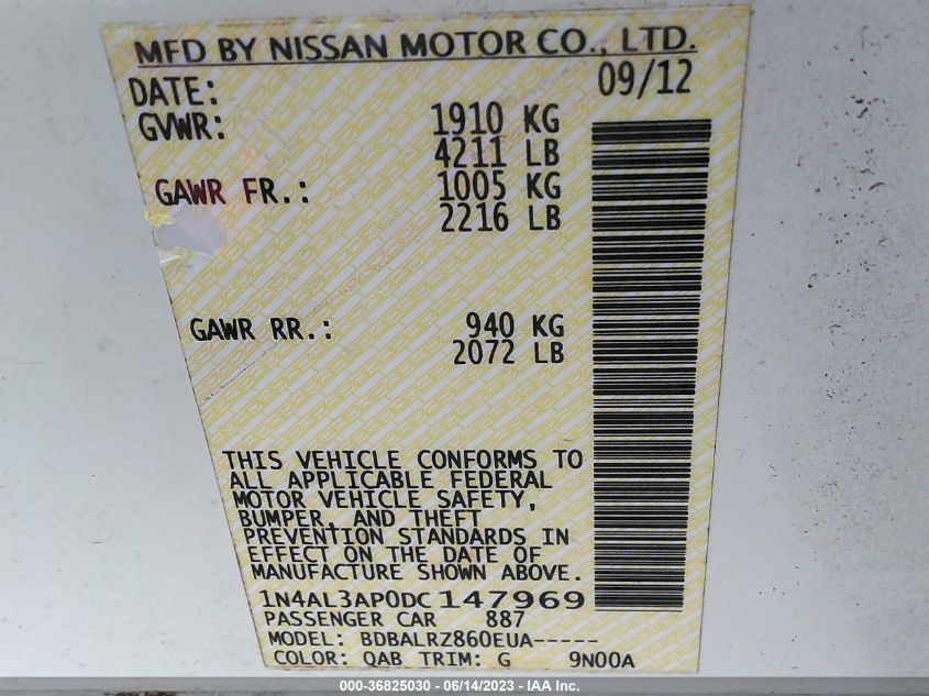 2013 NISSAN ALTIMA 2.5 S - 1N4AL3AP0DC147969