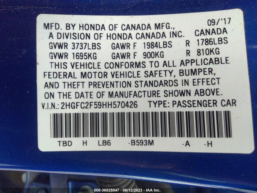 2017 HONDA CIVIC SEDAN LX - 2HGFC2F59HH570426