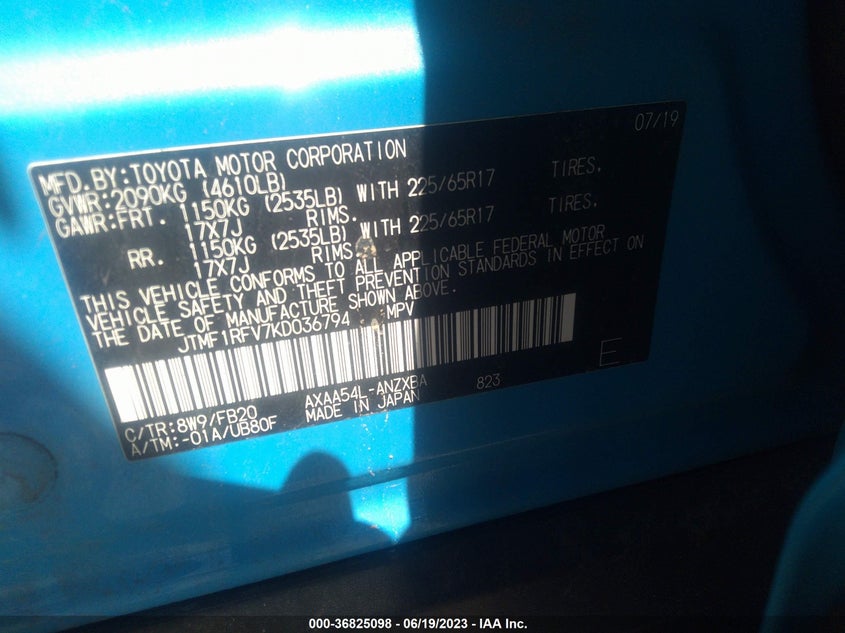 VIN JTMF1RFV7KD036794 2019 TOYOTA RAV4 LE
