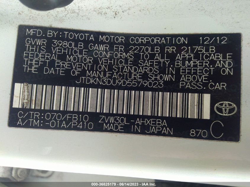 2013 TOYOTA PRIUS ONE/TWO/THREE/FOUR/FIVE - JTDKN3DU9D5579023