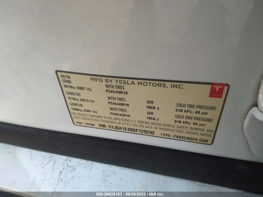 2016 TESLA MODEL S - 5YJSA1E49GF129292