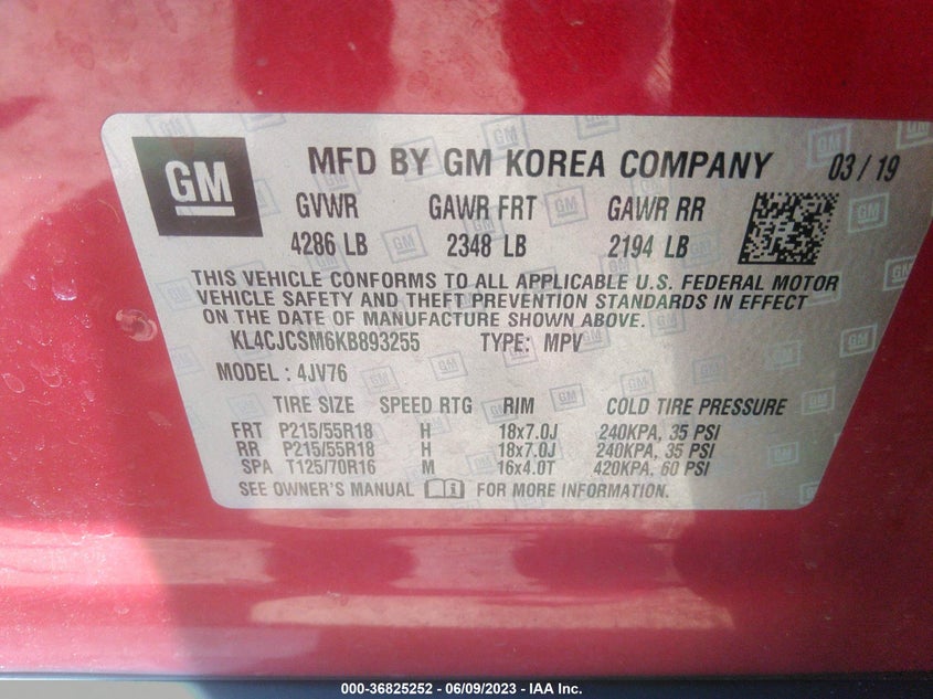 VIN KL4CJCSM6KB893255 2019 BUICK ENCORE ESSENCE