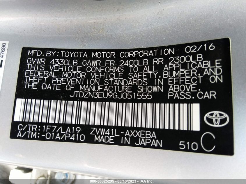 2016 TOYOTA PRIUS V TWO/FIVE/THREE/FOUR - JTDZN3EU9GJ051555