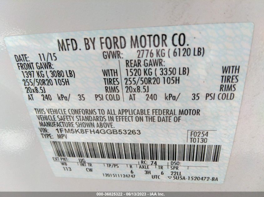 2016 FORD EXPLORER LIMITED - 1FM5K8FH4GGB53263