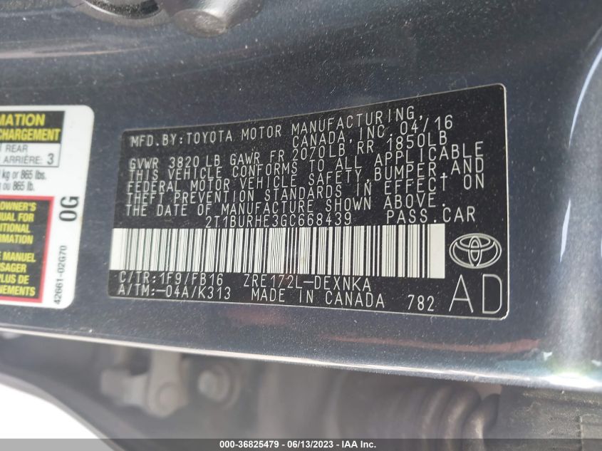 2016 TOYOTA COROLLA L/LE/S/S PLUS/LE PLUS - 2T1BURHE3GC668439