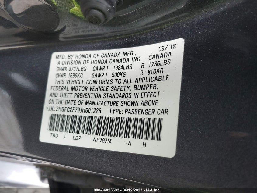 VIN 2HGFC2F79JH601228 2018 HONDA CIVIC SEDAN EX