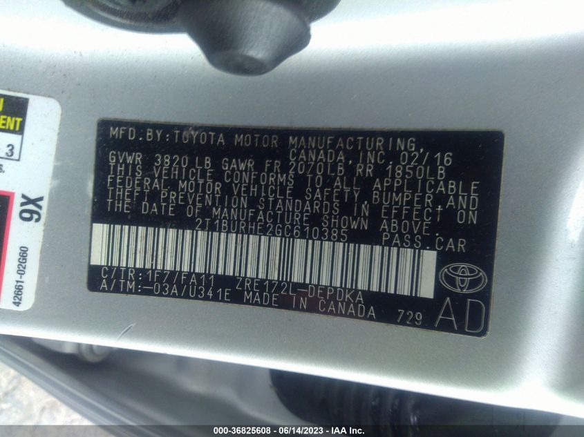 2016 TOYOTA COROLLA L/LE/S/S PLUS/LE PLUS - 2T1BURHE2GC610385