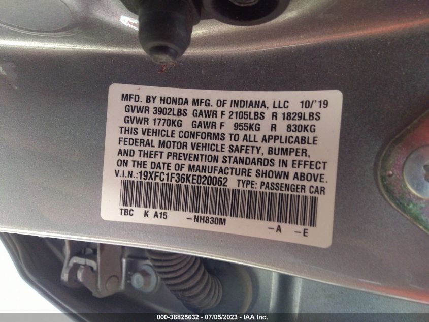 2019 HONDA CIVIC SEDAN EX - 19XFC1F36KE020062