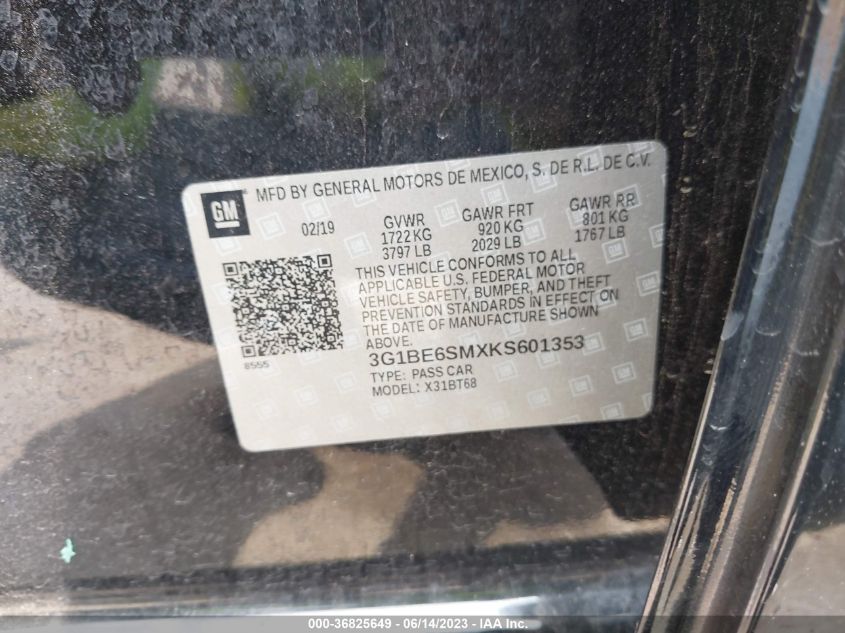 2019 CHEVROLET CRUZE LT - 3G1BE6SMXKS601353