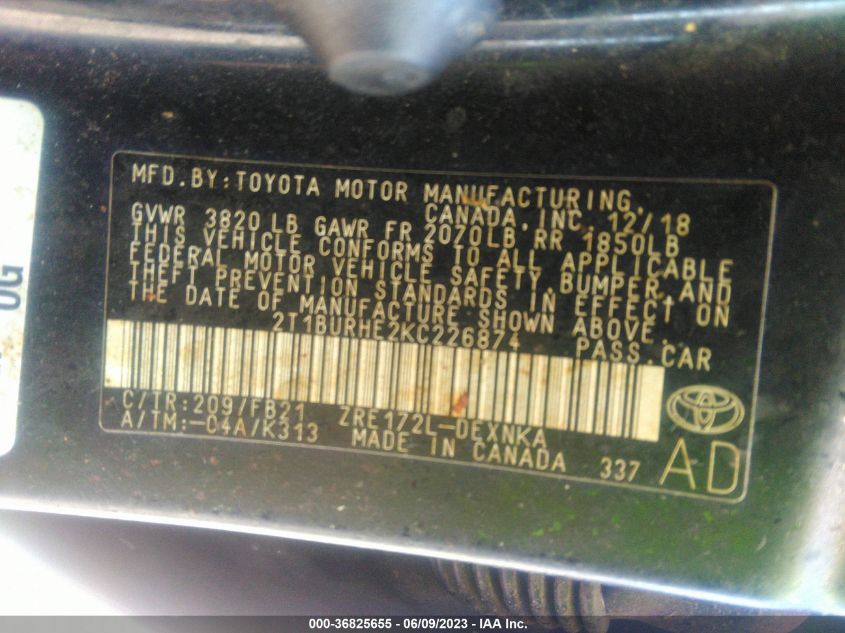 2019 TOYOTA COROLLA L/LE/SE/XLE/XSE - 2T1BURHE2KC226874
