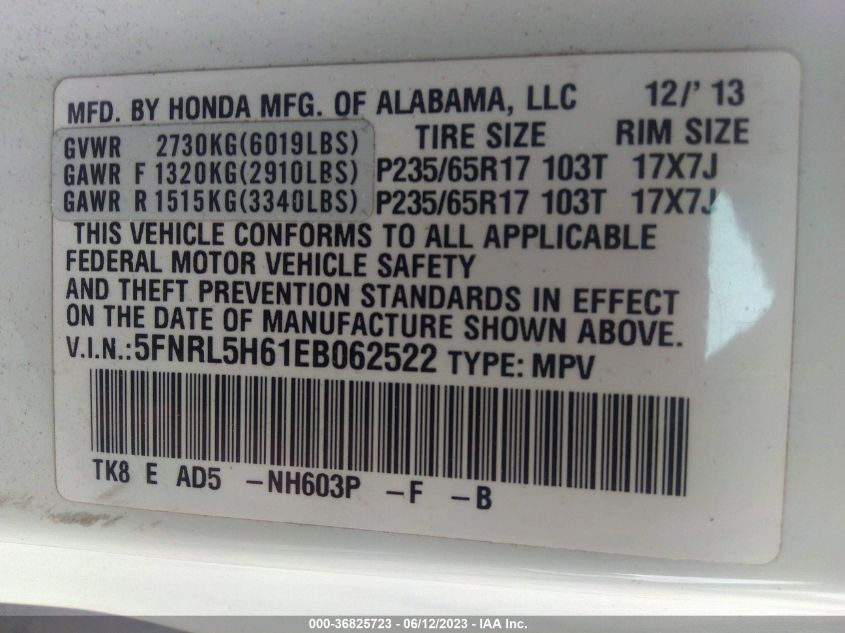 2014 HONDA ODYSSEY EX-L - 5FNRL5H61EB062522