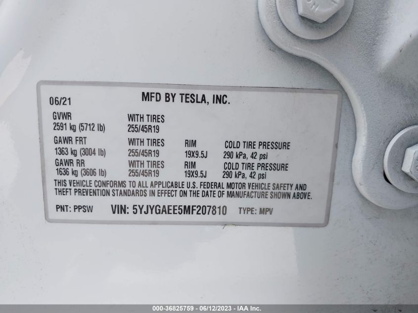 2021 TESLA MODEL Y LONG RANGE - 5YJYGAEE5MF207810