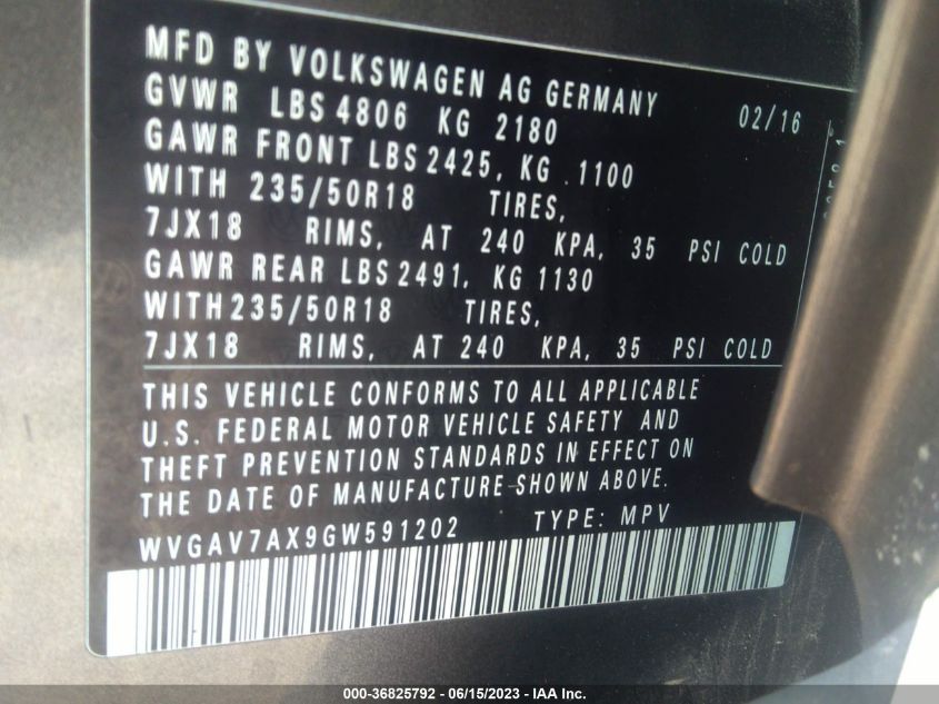 2016 VOLKSWAGEN TIGUAN SE - WVGAV7AX9GW591202