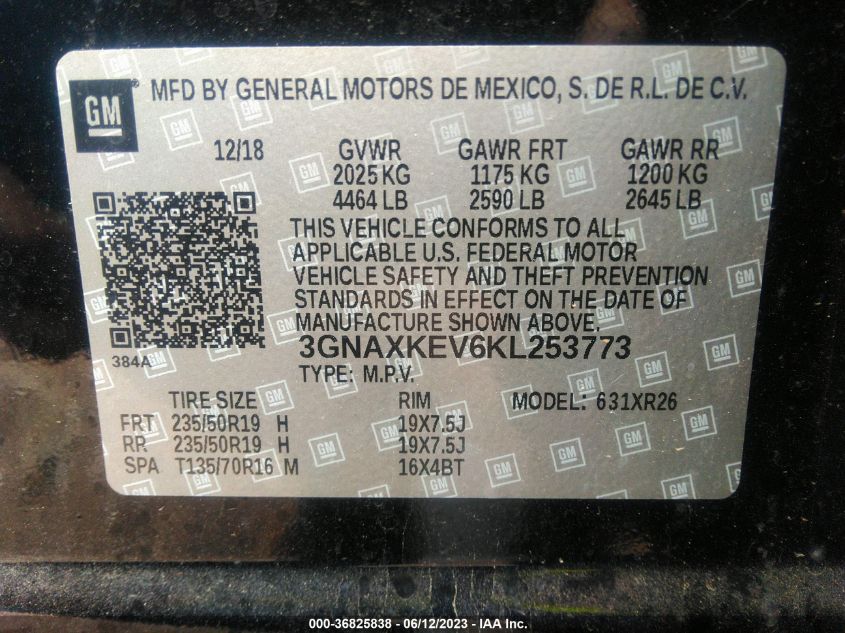 2019 CHEVROLET EQUINOX LT - 3GNAXKEV6KL253773
