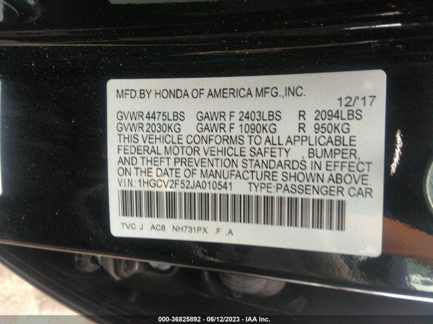 2018 HONDA ACCORD SEDAN EX-L 2.0T - 1HGCV2F52JA010541