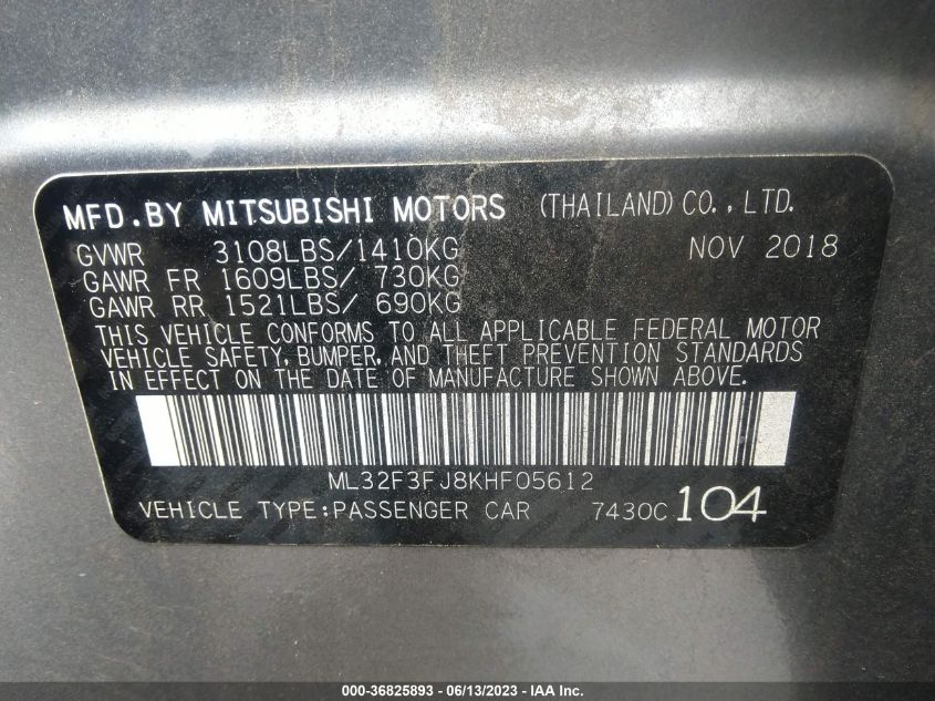 2019 MITSUBISHI MIRAGE G4 ES/RF - ML32F3FJ8KHF05612
