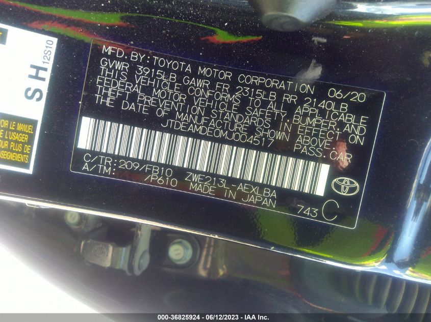 2021 TOYOTA COROLLA HYBRID LE - JTDEAMDE0MJ004517