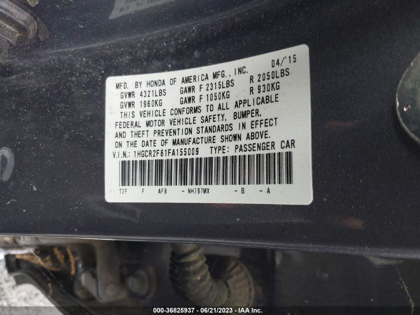 2015 HONDA ACCORD SEDAN EX-L - 1HGCR2F81FA155009