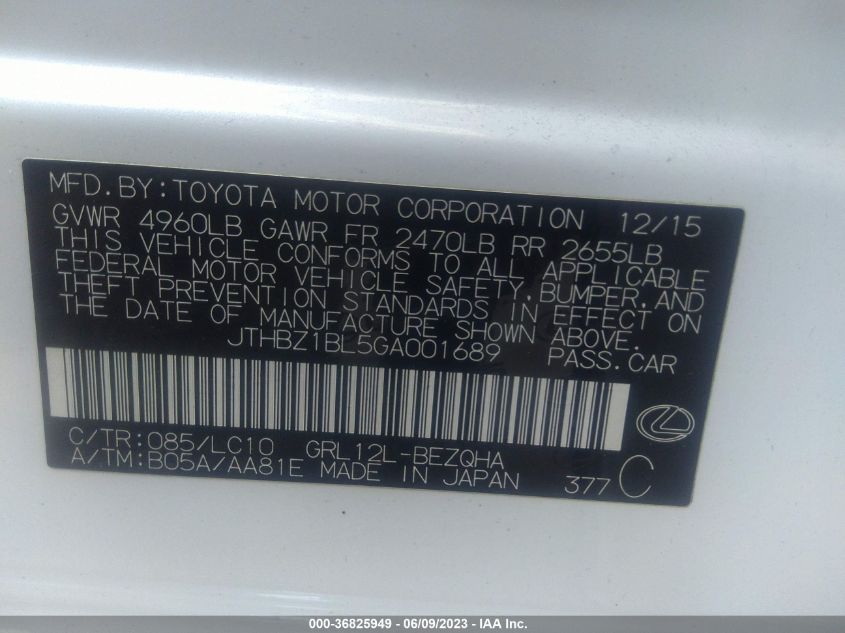 2016 LEXUS GS 350 - JTHBZ1BL5GA001689
