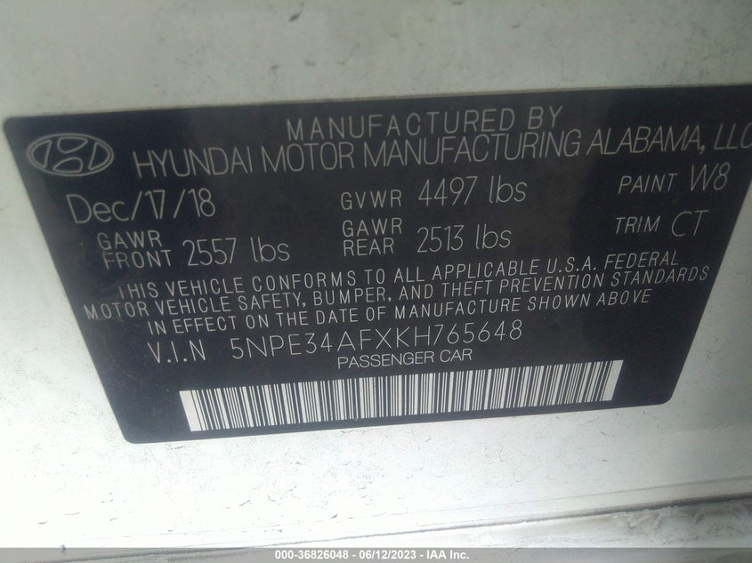 VIN 5NPE34AFXKH765648 2019 HYUNDAI SONATA SEL